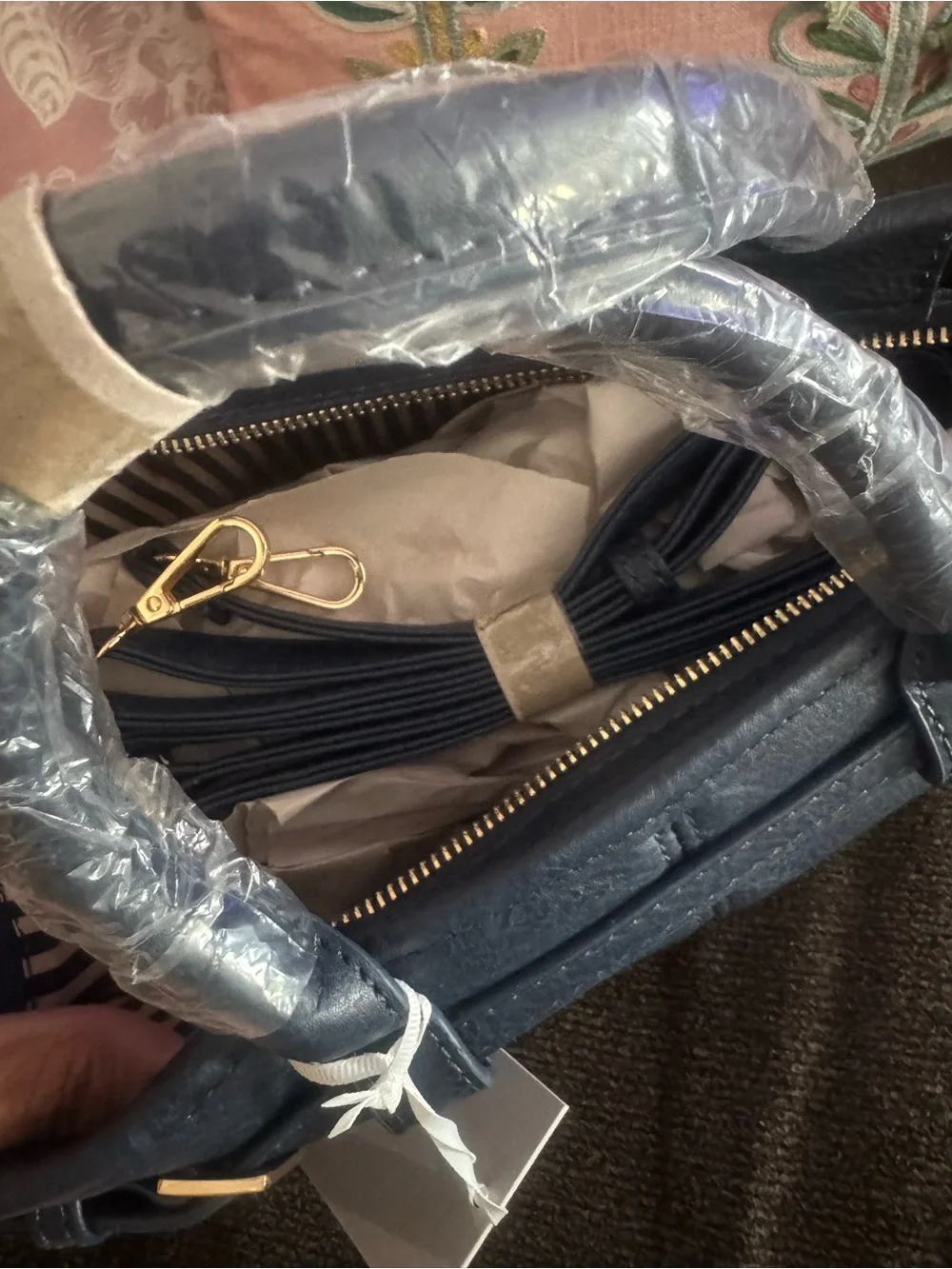 Classic Navy Leather Tote Bag with Gold Buckles rectangular